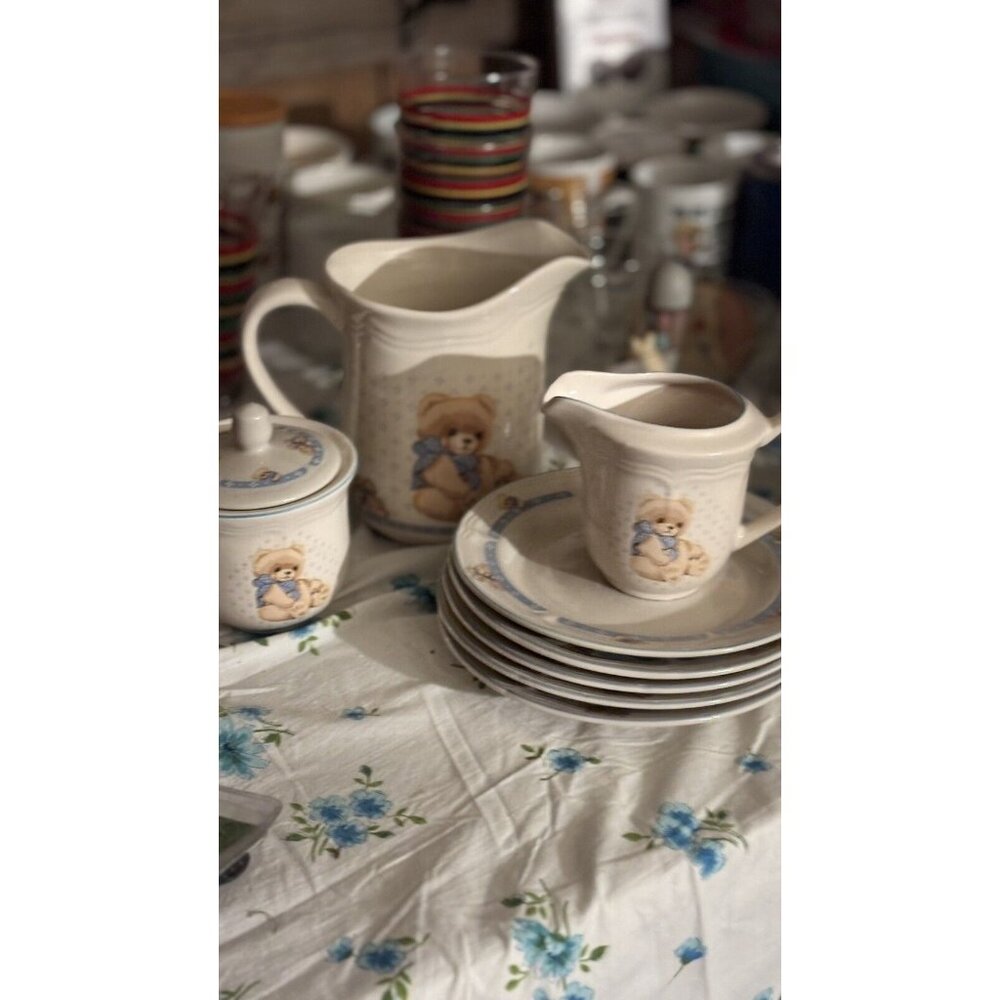 ~ Vintage Tienshan Stoneware Teddy Bear Pitcher Creamer Plates X5 80s  Sugar
